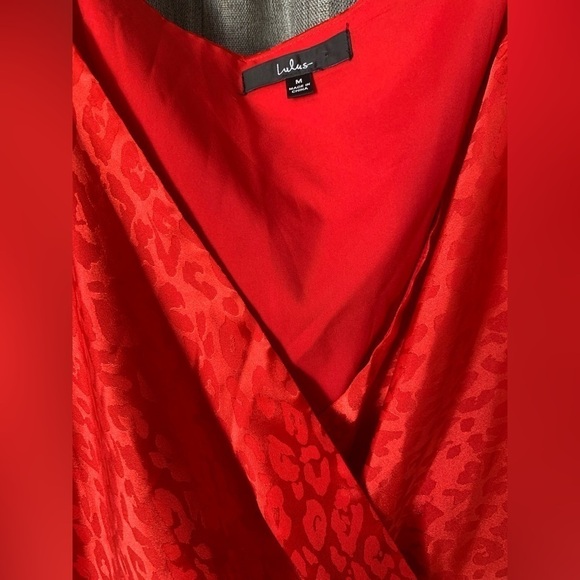 Lulus Red Satin Leopard Print Wrap Mini Dress Medium Puff Sleeve - Picture 2 of 4